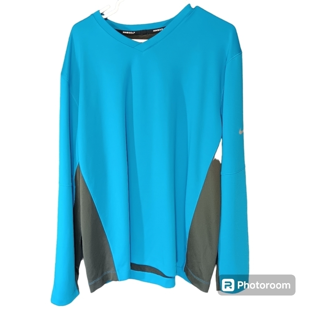 Nike Golf Men's XL Gray Blue Dri-Fit Wool Tech V Neck LS Sweater
